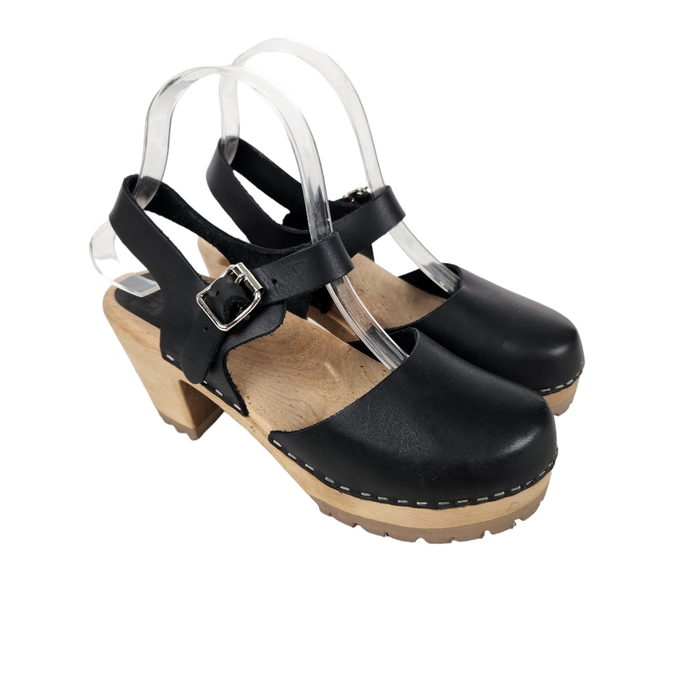 MIA Abba Black Italian Leather Swedish Wood Platform Clog Women Size 7.5 Size 38